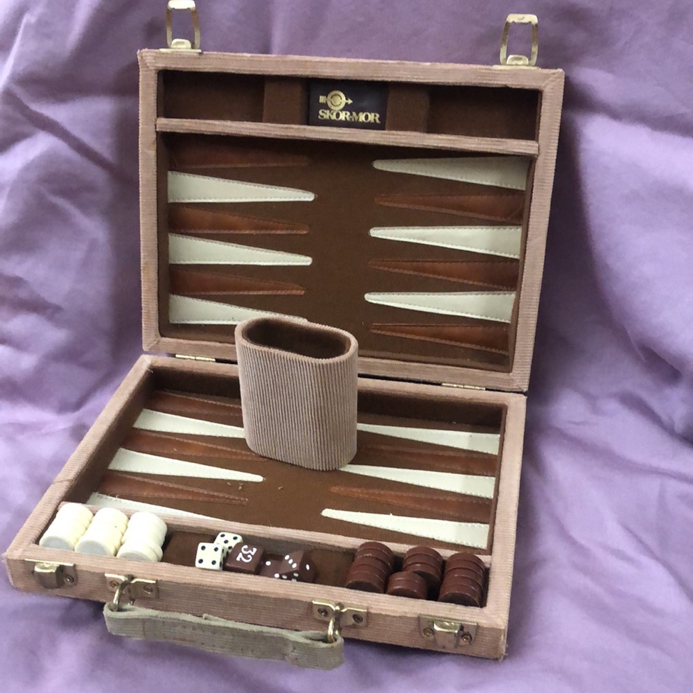 SOLD- Vintage Backgammon Set - corduroy tan box